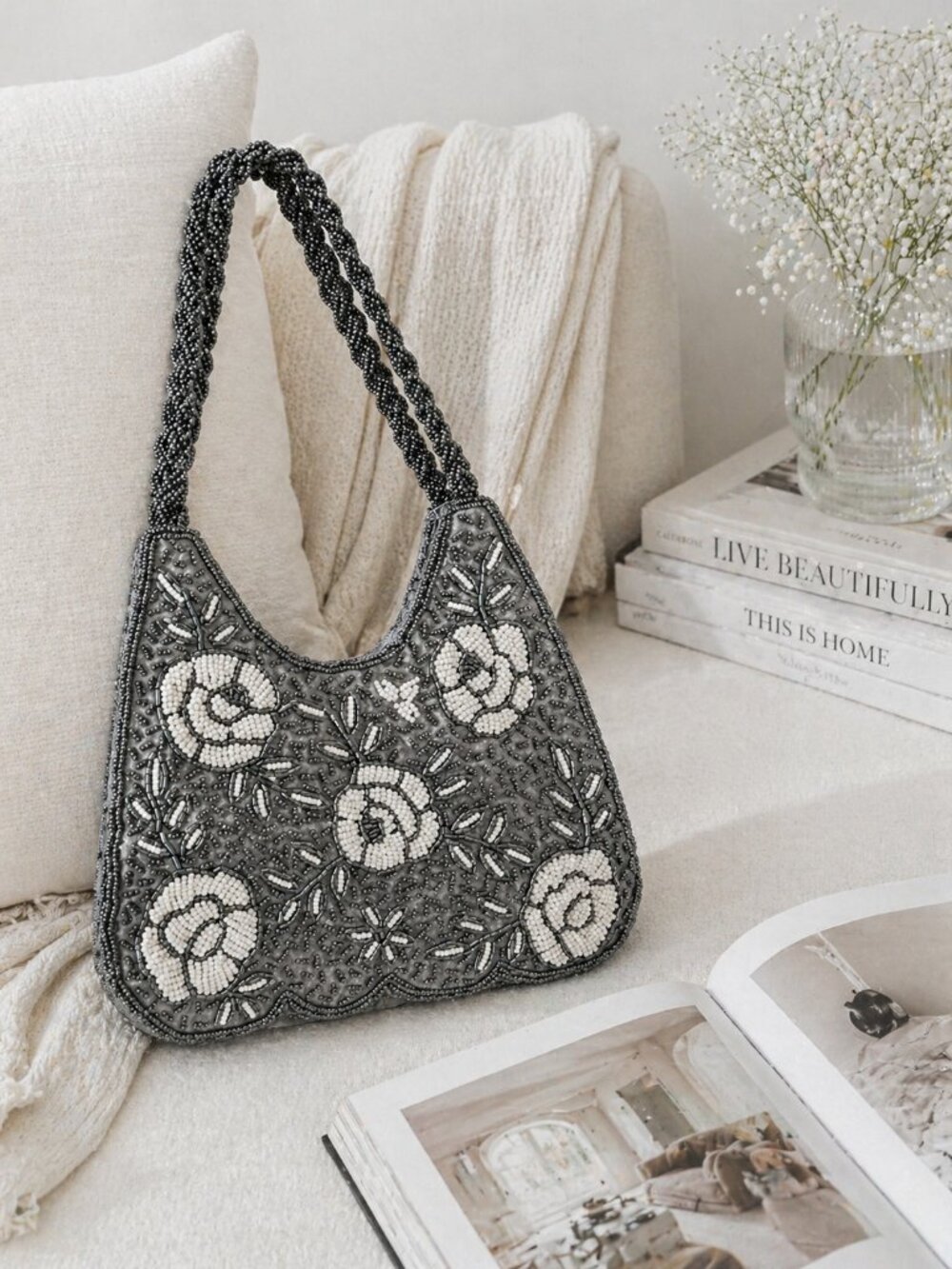 Vintage Beaded Floral Purse with Attached Beaded Coin Pouch